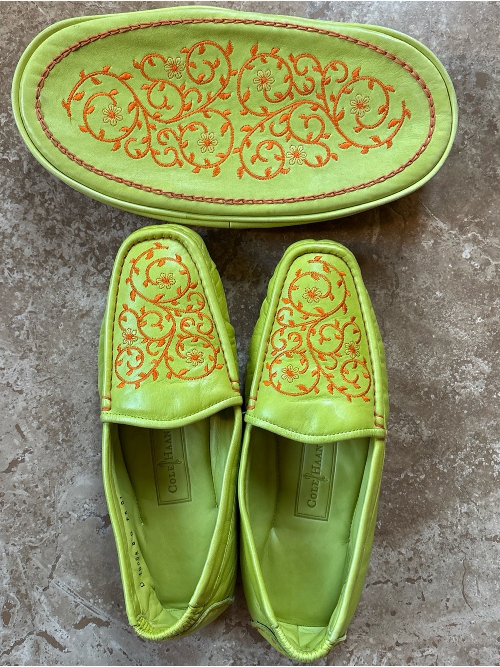 Cole Haan Lime Green Leather Loafers with Orange Embroidery Plus Carrying Case